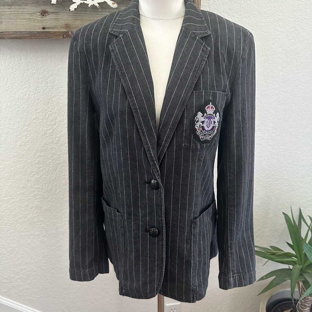 Lauren Ralph Lauren Gray Pinstripe Blazer with Crest‎ Stretch denim size 12